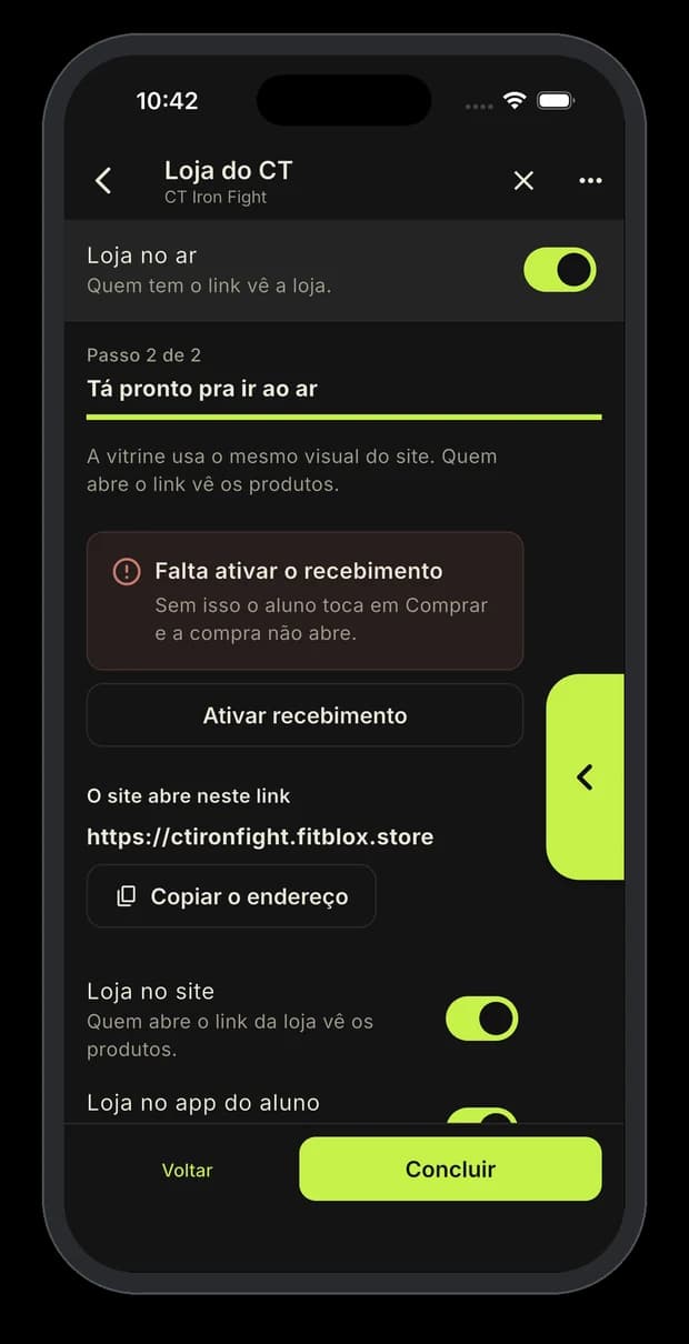 Segundo passo da loja do CT, com o link da loja e os interruptores de onde ela aparece.